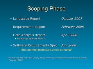Scoping Phase Landscape Report  October 2007 Requirements Report February 2008 Data Analysis Report April 2008 Mappings against  FRAD 1 Software Requirements Spec. July 2008 1   International Federation of Library Associations,  Functional Requirements for Authority Records  (2007) http://names.mimas.ac.uk/documents/   