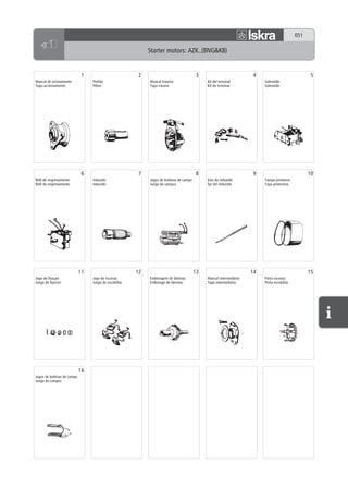 051

                                                            Starter motors: AZK..(BNG&KB)


                            1                           2                               3                            4                             5
Mancal de acionamento            Pinhão                     Mancal traseira                  Kit del terminal            Solenóide
Tapa accionamiento               Piñon                      Tapa trasera                     Kit do terminal             Solenoide




                            6                           7                               8                            9                            10
Relê de engrenamento             Induzido                   Jogos de bobinas de campo        Eixo do induzido            Tampa protetora
Relê de engrenamento             Inducido                   Juego de campus                  Eje del inducido            Tapa protectora




                            11                         12                               13                          14                            15
Jogo de fixaçao                  Jogo de escovas            Embreagem de lâminas             Mancal intermediário        Porta escovas
Juego de fijacion                Juego de escobillas        Embreage de láminas              Tapa intermediária          Porta escobillas




                            16
Jogos de bobinas de campo
Juego de campus
 