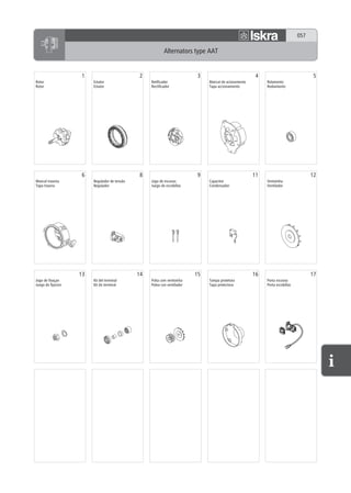 057

                                                            Alternators type AAT


                    1                           2                          3                             4                             5
Rotor                    Estator                    Retificador                 Mancal de acionamento        Rolamento
Rotor                    Estator                    Rectificador                Tapa accionamiento           Rodamiento




                    6                           8                          9                            11                            12
Mancal traseira          Regulador de tensão        Jogo de escovas             Capacitor                    Ventoinha
Tapa trasera             Regulador                  Juego de escobillas         Condensador                  Ventilador




                    13                         14                          15                           16                            17
Jogo de fixaçao          Kit del terminal           Polia com ventoinha         Tampa protetora              Porta escovas
Juego de fijacion        Kit do terminal            Polea con ventilador        Tapa protectora              Porta escobillas
 