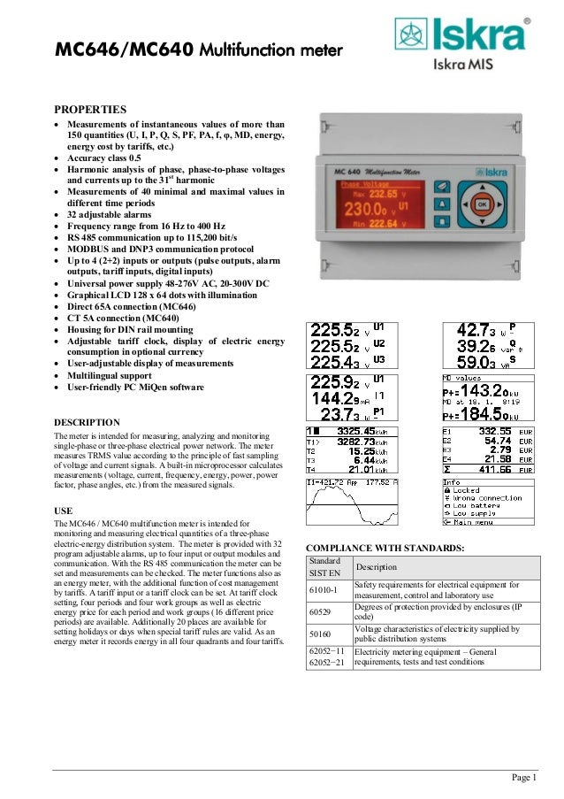Iskra MC 640 Multifunction Meter Datasheet Manual