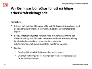 Hemarbete
 Kvinnor och män har i hög grad olika skäl för invandring, problem med
dubbla strukturer inom arbetsmarknadspolitiken och motstridiga
logiker.
 Behov av försörjningsstöd riskerar styra mot föräldrapenning och
vårdnadsbidrag. Kan förstärka (bevara) traditionell könsuppdelning
betalt och obetalt arbete, senarelagda insatser för
arbetsmarknadsetablering särskilt för nyanlända kvinnor.
 Förslag:
 Familjepolitik och välfärdstjänster måste stå i centrum.
 Likvärdigt etableringsstöd för flyktingar och deras anhöriga respektive
övriga anhöriginvandrare.
11
Var lösningar bör sökas för att nå högre
arbetskraftsdeltagande
 
