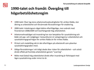  1990-talet: Över lag stora arbetsmarknadssvårigheter för utrikes födda, stor
ökning av arbetslöshet och försämrade förutsättningar för etablering.
 2000-talet: Inledningsvis något bättre efterfrågeläge, men avbrott med
finanskrisen 2008/2009 och kvarhängande hög arbetslöshet.
 Arbetsmarknadsläget vid invandring har stor betydelse för sysselsättning och
både vid upp- och nedgångar i konjunkturen är svängningarna i arbetslöshet och
sysselsättningsgrad högre för utrikes födda än för inrikes födda.
 På kort och medellång sikt är det efterfrågan på arbetskraft som påverkar
sysselsättningsgraden mest.
 Dåliga förutsättningar i ett tidigt skede ökar risken för arbetslöshet – och också
direkt effekt på framtida arbetslöshet genom ”scarring”.
 Möte med (lokal) hög arbetslöshet direkt efter invandring är förknippat med
lägre sysselsättning under minst tio år.
15
1990-talet och framåt: Övergång till
högarbetslöshetsregim
 