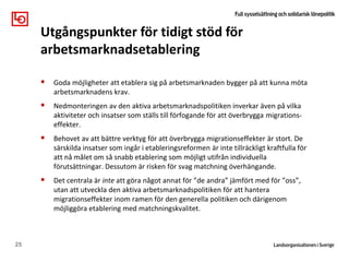  Goda möjligheter att etablera sig på arbetsmarknaden bygger på att kunna möta
arbetsmarknadens krav.
 Nedmonteringen av den aktiva arbetsmarknadspolitiken inverkar även på vilka
aktiviteter och insatser som ställs till förfogande för att överbrygga migrations-
effekter.
 Behovet av att bättre verktyg för att överbrygga migrationseffekter är stort. De
särskilda insatser som ingår i etableringsreformen är inte tillräckligt kraftfulla för
att nå målet om så snabb etablering som möjligt utifrån individuella
förutsättningar. Dessutom är risken för svag matchning överhängande.
 Det centrala är inte att göra något annat för ”de andra” jämfört med för ”oss”,
utan att utveckla den aktiva arbetsmarknadspolitiken för att hantera
migrationseffekter inom ramen för den generella politiken och därigenom
möjliggöra etablering med matchningskvalitet.
25
Utgångspunkter för tidigt stöd för
arbetsmarknadsetablering
 