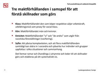  Klass: Maktförhållandet den som köper respektive säljer arbetskraft,
utbildningsnivå som proxy för social klass.
 Kön: Maktförhållandet män och kvinnor.
 Etnicitet: Maktförhållandet ”vi” och ”de andra” som utgår från
rasistiska föreställningar (rasifiering).
 Syfte: Att påvisa komplexiteten, och att flera maktförhållanden
samtidigt kan skära in i varandra och påverka hur individer och grupper
uppfattas i olika situationer och sammanhang.
 Det formar ramar och (handlings-) utrymme och leder till att skillnader
görs och etableras på ett systematiskt vis.
6
Tre maktförhållanden i samspel för att
förstå skillnader som görs
 
