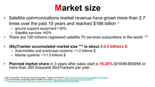 Market size
• Satellite communications market revenue have grown more than 2.7
  times over the past 10 years and reached $168 billion *
       – ground support equipment >30%
       – Satellite services >60%
• There are 120 millions registered satellite TV services subscribers in the world **

• iSkyTracker accumulated market size *** is about 2-3.5 billions $:
       – Automobiles and autobuses systems ~1-2 billions $
       – Marine systems ~1-1.5 billions $

• Planned market share in 3 years after sales start is 15-20% ($100M-$500M) or
  more than 200 thousand iSkyTrackers per year .

* Alan Furnye-Sikr, Tendency of space business – Russia and Europe. http://community.sk.ru/opus/space/f/81/t/2167.aspx
** J’son & Partners Consulting “World satellite TV market" http://www.content-review.com/articles/14818/
*** http://www.bit-konkurs.ru/Prosmotr_zajavki/361e3c24-4e88-457f-98a9-27bcfa01b981
 