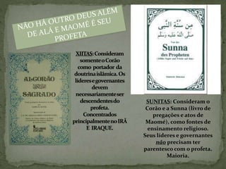 SUNITAS: Consideram o
Corão e a Sunna (livro de
pregações e atos de
Maomé), como fontes de
ensinamento religioso.
Seus líderes e governantes
não precisam ter
parentesco com o profeta.
Maioria.
 