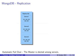 MongoDB - Replication
Automatic Fail Over - The Master is elected among servers.
I. Flaounas (Intelligent Systems Lab) 30 October 2012 11 / 16
 