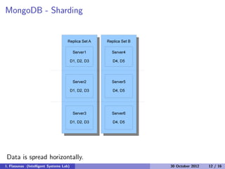 MongoDB - Sharding
Data is spread horizontally.
I. Flaounas (Intelligent Systems Lab) 30 October 2012 12 / 16
 