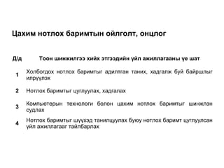 Цахим нотлох баримтын ойлголт, онцлог
Д/д Тоон шинжилгээ хийх этгээдийн үйл ажиллагааны үе шат
1
Холбогдох нотлох баримтыг адилтган таних, хадгалж буй байршлыг
илрүүлэх
2 Нотлох баримтыг цуглуулах, хадгалах
3
Компьютерын технологи болон цахим нотлох баримтыг шинжлэн
судлах
4
Нотлох баримтыг шүүхэд танилцуулах буюу нотлох баримт цуглуулсан
үйл ажиллагааг тайлбарлах
16
 