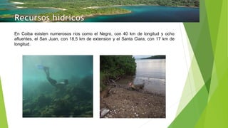 En Coiba existen numerosos ríos como el Negro, con 40 km de longitud y ocho
afluentes, el San Juan, con 18,5 km de extensión y el Santa Clara, con 17 km de
longitud.
 