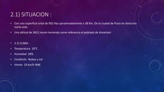 2.1) SITUACION :
• Con una superficie total de 902 Has aproximadamente a 38 Km. De la ciudad de Puno en direccion
norte-este.
• Una altitud de 3812 msnm teniendo como referencia el poblado de Amantani
• 2.2) CLIMA :
• Temperatura 10°C
• Humedad 28%
• Condición Nubes y sol
• Viento 19 km/h NNE
 