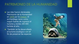 PATRIMONIO DE LA HUMANIDAD
 Las islas fueron declaradas
Patrimonio de la Humanidad
en 1978 por la Unesco. El
archipiélago tiene como
mayor fuente de ingresos el
turismo y recibe 200 000
turistas al año.
 También se ha desarrollado
el turismo ecológico con el
fin de preservar las especies
 