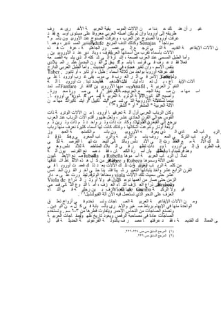 ‫ﻏﯾ ر أن ھﻧ ﺎك ﻋ ددا ﻣ ن اﻵﻻت اﻟﻣوﺳ ﯾﻘﯾﺔ اﻟﻌرﺑﯾ ﺔ اﻷﺧ رى ﻋ رف‬
‫طرﯾﻘﮫ إﻟﻰ أوروﺑﺎ وإن ﻟم ﯾﻛن أﺻﻠﮫ اﻟﻌرﺑﻲ ﻣﻌروﻓﺎ ﻋﻠﻰ ﻣﺳﺗوى أوﺳ ﻊ ﻓﻘ د‬
     ‫.‬
‫ﻋرﻓت أوروﺑﺎ اﻟﺻﻧوج ﻋن اﻟﻌرب ، وﻋرﻓت اﻟﺻﻧوج ﻋﻧد اﻷورﺑﯾ ون ﺑﺎﺳ م "‬
‫واﻟﺑﻧدﯾر اﻟﻣﺳ ﺗدﯾر ، وھﻣ ﺎ‬   ‫ﺳوﻧﺎﺟﺎ " ‪ Sonajas‬وﻛذﻟك اﻟدف اﻟﻣرﺑﻊ ‪Adufe‬‬
‫ن اﻵﻻت اﻹﯾﻘﺎﻋﯾ ﺔ اﻟﻘدﯾﻣ ﺔ اﻟﺗ ﻲ ﺗرﺟ ﻊ إﻟ ﻰ ﻋﺻ ور اﻟﺟﺎھﻠﯾ ﺔ ، ﻋرﻓ ت ھ ذه‬
‫أدوف ، وﺑﺎﻧ دﯾر ﻋﻧ د اﻷوروﺑﯾ ﯾن .‬    ‫اﻵﻻت ﺑﺄﺳﻣﺎء ﺗﻘرب ﻣن أﺳﻣﺎﺋﮭﺎ اﻟﻌرﺑﯾﺔ :‬
‫وأﻣﺎ اﻟطﺑل اﻟﻣﺳﻣﻰ ﻋﻧد اﻟﻌرب ﻗﺻﻌﺔ ، إﺷ ﺎرة إﻟ ﻰ ﺷ ﻛﻠﮫ اﻟ ذي ﯾﺷ ﺑﮫ اﻟﻘﺻ ﻌﺔ‬
‫ﻓﻌﻼ ﻓﻘ د ﻋ رف ﻓ ﻲ ﻓرﻧﺳ ﺎ ﺑﺎﺳ م ﻛ ﯾس ﻲ اﻟﻘ رن اﻟﺳدس ﻋﺷ ر اﻟﻣ ﯾﻼدي‬
                     ‫ﺎ‬              ‫" ﻓ "‬
‫ﺑﻧﻔس اﻻﺳم ، وإن ﺗﻐﯾر ھﺟﺎؤه ﻓﻲ اﻟﻌﺻر اﻟﺣدﯾث . وأﻣﺎ اﻟطﺑل اﻟﻌرﺑﻲ اﻟدارج‬
‫ﻓﻘد ﻋرﻓﺗﮫ أوروﺑﺎ ﺑواﺣد ﻣن ﺛﻼﺛﺔ أﺳﻣﺎء : طﺑل ، أو ﺗﺎﺑر ، أو ﺗﺎﺑور , ‪Taber‬‬
‫وﻟم ﯾﻘﺗﺻر .اﻷﻣر ﻓ ﻲ أﺛ ر اﻟﻌ رب ﻓ ﻲ ﻣوﺳ ﯾﻘﻰ ﻏ رب أوروﺑ ﺎ ﻋﻠ ﻰ‬         ‫‪Tabel‬‬
‫آﻻت اﻹﯾﻘ ﺎع ، ﺑ ل ﺗﻌ داه ﻟﯾﺷ ﻻت اﻟﻣﻧﻐﻣ ﻓﻘأﯾﺿد ﺗﺑﻧﺎ . ت أوروﺑ ﺎ آﻟ ﺔ‬
                                  ‫ﺔ‬            ‫ﻣل اﻵ‬
‫اﻟﻧﻔﯾ ر اﻟﻌرﺑﯾ ﺔ , ‪Anafil‬وﯾﺳ ﻣﯾﮭﺎ اﻷوروﺑﯾ ﯾن ﻓﺎﻧﻔ ﺎر ‪ Fanfare‬ﺗﺳ ﺗﻣد‬
        ‫”‬                    ‫"‬                          ‫،‬
‫اﺳ ﻣﮭﺎ ﻣ ن ﺻ ﯾﻐﺔ اﻟﺟﻣ ﻊ اﻟﻌرﺑﯾﺟﻣ ﺔ "ﻊ ﺎر " ر ﻓ ﻲ ﺻ ورة ﻣﺣ ورة .‬
                                        ‫أﻧﻔ ﻧﻔﯾ‬
‫وأﺻﺑﺢ اﻟﻘ ﺎﻧون اﻵﻟ) ﺔ اﻟوﺗرﯾ ﺔ اﻟﻌرﺑﯾ ﺔ ﺗﺳ ﻣﻰ ﻛ ﺎﻧونﻓ " ﻲ أوروﺑ ﺎ .‬
                         ‫"‬      ‫(‬                           ‫"‬        ‫"‬
‫ﺑﯾﻧﻣﺎ اﻵﻟﺔ اﻷوروﺑﯾﺔ اﻟﺗ ﻲ ﺗﺳ )١( أﯾﺷ ﺎﻛﯾﯾل أو أﯾﺷ ﺎﻛﯾراﺳ ﻣﮭﺎ ﻣ ن‬
            ‫"‬              ‫"‬           ‫ﻣﻰ "‬                        ‫ﺗﺳﺗﻣد‬
                                      ‫اﻵﻟﺔ اﻟﻌرﺑﯾﺔ " اﻟﻣﺷﻘر" أو " اﻟﺷﻘرة " .‬
‫وﻛﺎن اﻟرﺑﺎب اﻟﻌرﺑﻲ أول آﻟ ﺔ ﺗﻌرﻓﮭ ﺎ أوروﺑ ﺎ ﻣ ن اﻵﻻت اﻟوﺗرﯾ ﺔ ذات‬
‫اﻟﻘوس ﺣواﻟﻲ اﻟﻘرن اﻟﺣﺎدي ﻋﺷر ، وﻟﻌل ظﮭور أﻗدم آﻻت اﻟرﺑﺎب ﻋﻧد اﻟﻌرب‬
‫ﯾرﺟﻊ إﻟﻰ اﻟﻘﺑﻌ رن اﻟﻣ ﯾﻼد وﻛﺎﻧ ت ذات وﺗ ر واﺣ د ﺛ م ذات وﺗ رﯾن ﺛ م‬
                                                          ‫د اﻷول‬
‫أرﺑﻌﺔ أوﺗﺎر وﺗﻧوﻋت أﺷﻛﺎﻟﮭﺎ ، وﻟذﻟك ﻛﺎﻧت ﻟﮭﺎ أﺳﻣﺎء ﻛﺛﯾرة ﻧﻌرف ﻣﻧﮭﺎ رﺑﺎب‬
‫وز‬        ‫ﺔ اﻟﻌﺟ‬       ‫م اﻟﻛﻣﻧﺟ‬     ‫ون ﺑﺎﺳ‬         ‫ﮫ اﻷوروﺑﯾ‬     ‫ذي ﯾﻌرﻓ‬     ‫ﺎدي اﻟ‬ ‫ﺎب اﻟﻌ‬ ‫واﻟرﺑ‬
‫واﻟرﺑ ﺎب اﻟﺗرﻛ ﻲ اﻟﻣﻌ روف ﺑﺎﺳ م اﻷرﻧﺑ ﺔ واﻟرﺑ ﺎب اﻟﻣﻐرﺑ ﻲ وھﻛ ذا . د‬
      ‫وﻗ‬       ‫..‬
‫ﺗﻠ ك اﻵﻟ ﺔ ﻣ ﻊ اﻧﺗﻘﻠ ت إﻟ ﻰ اﻷﻧ دﻟس وﺑﺎﻟﺗ ﺎﻟﻲ أﺗﯾﺣ ت ﻟﮭ ﺎ اﻟﻔرﺻ ﺔ ﻟﻛ ﻲ‬ ‫اﻟﻌ رب‬
‫رف اﻟطرﯾ ق إﻟ ﻰ أوروﺑ ﺎ وﺑ دأت ﺗظﮭ ر ﻓ ﻲ اﻟ ﺑﻼد اﻟﻣﺗﺎﺧﻣ ﺔ ﻟﻸﻧ دﻟس وھ ﻲ‬
‫وھﻧ ﻓرﻧﺳﺑداﯾ ﺎ وإﯾطﺎﻟﯾ ﺎ . أﺳ رة اﻟﻛﻣ ﺎن ، ﻓﻘ د ﺻ ﻧﻊ اﻟﻔرﻧﺳ ﯾون آﻟ ﺔ‬
                                                               ‫ﺔ ظﮭ ور‬          ‫ﺎ‬
‫ﺗﻣﺎﺛ ل اﻟرﺑ ﺎب اﻟﻌرﺑﯾ ﺔ أﺳ ﻣوھﺎ ‪ Rubella‬و ‪ rubella‬ﺻ ﻧﻊ اﻹﯾط ﺎﻟﯾون‬
                         ‫ﻛﻣ ﺎ‬
‫ﻧﻔس اﻵﻟﺔ وﺳﻣوھﺎ ‪ Rubeca‬و وظﺎھر ﻣن ﻛ ل ھ ذه اﻷﻟﻔ ﺎظ اﺷ ﺗﻘﺎﻗﮭﺎ‬
                                        ‫‪Rebec‬‬
‫ﻣن ﻛﻠﻣ ﺔ اﻟرﺑ ﺎب واﻧﺗﺷ رت ﺗﻠ ك اﻵﻻت ﺑﻌ د ذﻟ ك ﻓﻌﻣ ت أوروﺑ ﺎ ﻓ ﻲ‬
                                                      ‫اﻟﻌرﺑﯾ ﺔ .‬
‫اﻟﻘرن اﻟراﺑﻊ ﻋﺷر وأﺧذ ﯾﺗﺑﺎدﻟﮭﺎ اﻟﺗﻐﯾﯾ ر ﺷ ﯾﺋﺎ ﻓﺷ ﯾﺋﺎ ﺣﺗ ﻰ آﺧ ر اﻟﻘ رن اﻟﺧ ﺎﻣس‬
‫ﻗد. ﺗط ورت ﻋﻠ ﻰ ﻣ دار‬   ‫ﻋﺷر ﺣﺗﻰ ﺳﻣﯾت ﺗﻠك اﻵﻻت ‪ viola‬وﻣﻌﻧﺎھﺎ اﻟوﺗر و‬
‫اﻟزﻣن ﺣﺗﻰ ﺻﺎر ﻣن أھﻣﮭﺎ ﻧوﻋ اﻷول ﻓﯾ وﻻ أو وﺗ ر اﻟ ذراع ‪Viola de‬‬
                                             ‫ﺎن :‬
‫وﺗﺣﻣل ﻋﻠﻰ ذراع اﻟﻌ ﺎزف أﺛﻧ ﺎء اﻟﻌ زف ، أﻣ ﺎ اﻟﻧ وع اﻟﺛ ﺎﻧﻲ ﻓﺳ ﻣﻲ‬    ‫‪Braccio‬‬
‫ﻓﯾ وﻻ اﻟرﻛﺑ ﺔ ‪ Gamba‬ﻌﮭﺎ ‪Viola‬ﺎزف ﺑ ﯾن )٢( ﮫ ﻓ ﻲ أﺛﻧ ﺎء‬
                       ‫رﺟﻠﯾ‬                     ‫ﯾﺿ ‪ de‬اﻟﻌ‬
                    ‫اﻟﻌزف ﻋﻠﻰ اﻟﻧﺣو اﻟذي ﺗﺳﺗﻌﻣل ﻓﯾﮫ اﻵن آﻟﺔ اﻟﻔﯾوﻟﻧﺷﯾل .‬
‫وﻣ ن اﻵﻻت اﻹﯾﻘﺎﻋﯾ ﺔ اﻟﻌرﺑﯾ ﺔ اﻟﺻ ﺎﺟﺎت وﺗﺳ ﺗﺧدم ﻓ ﻲ أزواج ﺗﻌﻠ ق‬
‫اﻟواﺣدة ﻣﻧﮭﺎ ﻓﻲ اﻹﺑﮭﺎم ﺑرﺑﺎط ﺻ ﻐﯾر واﻷﺧ رى ﺑﺎﻟﺳ ﺑﺎﺑﺔ ﻓ ﻲ ﻛ ل ﻣ ن اﻟﯾ دﯾن .‬
‫وﺗﺻﻧﻊ اﻟﺻﺎﺟﺎت ﻣن اﻟﻧﺣﺎس اﻷﺣﻣر وﯾﺗﻔﺎوت ﻗطرھﺎ ﻣن ٣-٦ ﺳم . وﺗﺳﺗﺧدم‬
‫اﻟﺻﺎﺟﺎت ﻋﺎدة ﻓﻲ ﻣﺻﺎﺣﺑﺔ اﻟرﻗص وﯾﻌود ﺗﺎرﯾﺦ ظﮭ ﻟﺻ ﺎﺟﺎت اﻟﻌرﺑﯾ ﺔ‬
                  ‫ور ا‬                     ‫.‬
‫ﻰ اﻟﻣﻣﺎﻟ ك اﻟﻘدﯾﻣ ﺔ ، ﻓﻘ د ﻋرﻓﺗﮭ ﺎ ﻣﺻ ر ف ﯾﺎﻟدوﻟ ﺔ اﻟﻔرﻋوﻧﯾ ﺔ اﻟﺣدﯾﺛ ﺔ ﻗﺑ ل‬
                                          ‫)١( اﻟﻤﺮﺟﻊ اﻟﺴﺎﺑﻖ ص ص ٤٢٢-٦٢٢.‬
                                                 ‫)٢( اﻟﻤﺮﺟﻊ اﻟﺴﺎﺑﻖ ص ٦٢٢.‬


                            ‫٠٠١‬
 