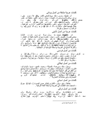 ‫ﻛﻠﻣﺎت ﻋرﺑﯾﺔ ﻣﺷﺗﻘﺔ ﻣن أﺻل ﯾوﻧﺎﻧﻰ‬
‫أﺳ طولﻓ ردوس ، طﻘ سﺑ ) ﺎﻟﻣﻌﻧﻰ اﻟﻛﻧﺳ ﻰﻓﻠﺳ ﻔﺔ ، ﻣوﺳ ﯾﻘﻰ ،‬
                     ‫، (‬                                  ‫،‬
‫ﺑرج ، ﯾرﻗﺎن )اﺳم ﻣرض ( ، ﻛﯾﻣﯾﺎء ، ﻣﯾﻧﺎء ، درھم ، إﻗﻠﯾم ، ﺧﻠﯾﻔﺔ أﺳ طور‬
        ‫،‬
‫ر،‬       ‫إﺑﻠ ، ، اﺛﯾ‬
          ‫ﯾس‬     ‫ﯾﺔ‬      ‫راط ، اﺑرﺷ‬      ‫ﺎس ، ﻗﯾ‬     ‫م ، ﻗرط‬
                                                      ‫ﺎطﯾر (‬    ‫ﺟﻣﻌﮭ ) ، ﺎ اﺳ‬
                                                                  ‫طﻘ‬
‫ارﺛوذﻛﺳ ﻰ ، ، أﺳ ل ،ﻘف ، اﻟﻣ ﺎس ، اﺳ ﻔﻧﺞ ، ﺟﻐراﻓﯾ ﺔ ، ﺑﻠﺳ م ،‬
                                              ‫إﻧﺟﯾ ل‬      ‫أزﻣﯾ‬
‫ﺗﻠﻐراف ، ﺧﺎرطﺔ ، دﯾﻧﺎﻣو ، ﻓﻠس ، ﻗﻧدﻟﻔتﺧ) ﺎدم اﻟﻛﻧﯾﺳ ﺔ ، ارﺳ ﺗﻘراطﯾﺔ ،‬
               ‫(‬
‫ﻣﻘﻼد ﺟﻣﻌﮭﺎ ﻣﻘﺎﻟﯾ د، (اﻹرث ، اﻓ ﺔ ، ﻛﯾﻠ ﻛﯾﻠ ، و ﺟ رام، اﻟﻧ ﺎوﻟون اﺟ رة‬
      ‫)‬                       ‫و‬                                 ‫)‬
                                              ‫اﻟراﻛب ( ، ﻣﺳﺟل وﻏﯾرھﺎ .‬
                                        ‫ﻛﻠﻣﺎت ﻋرﺑﯾﺔ ﻣن أﺻل ﻻﺗﯾﻧﻰ‬
‫إﺳ ، إﻣﺑراط ﺑلور ، ﺑﺗ رول ، ﺑرﻛ ﺎن ، رﯾ ف ، ﺑ ﻼط )‬  ‫(‬       ‫اﺻ‬
                                                            ‫طﺑل )‬
‫ﺑﻣﻌﻧﻰ ﻗﺻر( ، ﻗﻧﺻل ، ﻓرن ، دﯾﻧﺎر ، ﻗﺑﺎن ) ﻣﯾزان ﻻﺷﯾﺎء ﺛﻘﯾﻠﺔ ( ، ﻗﻧطﺎر ،‬
‫ﺑﺎرﺟ ،ﺔﺳ ، ﻗﻧﺻ) راطﻗﻧ ﺎة ، ﻗﻣ ﯾص ، ﺗراﻧزﯾ ت ، ﻣﺎﻧﯾﻔ ﺎﺗورا ،‬
                                                    ‫راط دﯾل ، (‬
‫ﻧﻗﻠﻧﺳوع وة ) ن ﻟﺑ ﺎس اﻟ ، رأس ( ر ، ﻛردﯾﻧ ﺎل ، ﻗﻔ ﺔﺳ) ﻠﺔ، (ﻣﯾ ل ،‬
                                               ‫ﻗﯾﺻ‬                     ‫ﻣ‬
‫ﻛوﻣﺳﯾون ، )ﻋﻣﺎﻟﺔ ( ، ﻓرن ، ﻛوب ﻗ) دح ، ﻛوﻓﯾ ﻏط ﺎء ﻟﻠ رأس ، ﺟﻧ رال‬
         ‫(‬               ‫ﺔ)‬        ‫(‬
‫،ن اﻟﺑروﻟﯾﺗﺎرﯾﺎ ) اﻟطﺑﻘﺔ اﻟﻌﺎﻣﻠﺔ ،(ﻛ ل ھ ذه اﻟﻛﻠﻣ ﺎت ﻣﻘﺗﺑﺳ ﻣﺔ ن اﻟﻼﺗﯾﻧﯾ ﺔ‬
                                                ‫آﻓﺔ‬
                     ‫واﻛﺛرھﺎ اﻧدﻣﺞ ﻓﻲ اﻟﻌرﺑﯾﺔ ﺑواﺳطﺔ اﻟﯾوﻧﺎﻧﯾﺔ أو اﻻﯾطﺎﻟﯾﺔ .‬
                                               ‫ﻛﻠﻣﺎت ﻣن أﺻل ﻓرﻧﺳﻰ‬
‫ﻛرﺗﯾر ، ﺑرﻟﻣ ﺎن ، ﺑروﺗﺳ ﺗﺎﻧﺗﻰ ، دﻛﺗ ور ، رادﯾ و ، ط أﻟ ن ف ﻛﯾﻠ و‬
        ‫)‬                                                                       ‫ﺳ‬
‫ﻏرام ( ، ﻣﻠﯾون ، ﻣﻠﯾﺎر ، ﻣﺎرﺷﺎل ، ﺑﺎﺳﺑورت )ﺟواز ﺳﻔر ( ، ﺑﻠون ﻣﻧظ ﺎر(‬
      ‫)‬
‫، ﺑﺎﺗﯾﯾﺳﺗﺎ )ﻧﺳﯾﺞ رﻗﯾق ﻣن اﻟﻛﺗﺎن ( ، دزﯾﻧﺔ ، ﻧوﻓوﺗﯾﺔ ، ﺑورﺟوازﯾﺔ ، ﻣﺎﺳوﻧﻰ‬
                                                 ‫، ﺑطﺎرﯾﺔ ، وﻏﯾر ذﻟك .،‬
                                               ‫ﻛﻠﻣﺎت ﻣن أﺻل اﯾطﺎﻟﻲ‬
‫ﺑرﻣﯾل ، ﺑﻧك ، ﺑورﺻﺔ ، ﻛﻣﺑﯾﺎﻟﺔ ، رﺻﯾد ، ﻛﻣﺑﯾو ، دوﺑﯾﺎ ، ﻛوﻧﺗراﺗو،‬
‫ﻓﺎﺗورة ، اﻛﺳﺗرا ، ﺷوﻛوﻻﺗﮫ ، ﺳﯾﻛورﺗﺎه ، ﺑروﺗﺳﺗو ، ﺑﺎﻟﮫ ﺻﺎﺑورة )ﻣﺎ ﯾوﺿﻊ‬
‫ﻟﺻ وص اﻟﺑﺣ ر (‬   ‫ﻣن اﻟﺛﻘل ﻓﻲ ﻗﻌر اﻟﺳﻔﯾﻧﺔ ﻟﺋﻼ ﺑﻣﯾل أﺣد ﺟﺎﻧﺑﯾﮭﺎ ( ، ﻗرﺻﺎن )‬
‫، ﺑﯾرة )ﻣﻌرﺑﮭﺎ ﺟﻌﺔ ( ، ﺑوﻟﯾﺻﺔ )اﻟﺑﯾﺎن ، ﺑوﻟﯾﺻ ﺔ اﻟﺷ ﺣن ، وﺑوﻟﯾﺻ ﺔ‬
                             ‫وﻣﻧﺔ :‬
‫ﺗﻌﻣﻠﮭﺎ اﻟﯾ ﻓ وم ﻲ‬           ‫ﺎت ﻧﺳ‬      ‫ذه اﻟﻛﻠﻣ‬
                                           ‫اﻟﺗ وﻏﯾرھ ( اﻛﺛ ﺎ ، وﯾﻼﺣھ ظ أن‬
                                                        ‫ر‬         ‫ﺄﻣﯾن‬
                                      ‫اﻟﻣﺻﺎرف وﻓﻰ ﻣﻌﺎﻣﻼﺗﻧﺎ اﻟﺗﺟﺎرﯾﺔ)١( .‬
                                               ‫ﻛﻠﻣﺎت ﻣن أﺻل اﺳﺑﺎﻧﻲ‬
‫ﺑطﺎطﺎ ، ﺗﺑﻎ ، ﷼ ، اﻟﻛﻧﺎرى )طﺎﺋر ﺣﺳن اﻟﺻوت ( ، ﻛﯾﻧﺎ ﺷ ﺟرة(‬
      ‫)‬
                 ‫، اﻧدﻣﺟت ھذه اﻟﻛﻠﻣﺎت ﻓﻲ اﻟﻌرﺑﯾﺔ ﺑواﺳطﺔ اﻟﻠﻐﺔ اﻟﺗرﻛﯾﺔ .‬
                                                ‫ﻛﻠﻣﺎت ﻣن أﺻل ﺗرﻛﻰ‬
‫ﺟﻣﻌﮭ ﺎ ﺑ ﺑ ﺎرات ، وھ ﻰ اﻟﺟ زء اﻻرﺑﻌ ون ﻣ ن اﻟﻌ رش، (ﻗ رش‬
                                              ‫ﺎرة )‬
‫ﻏ ) رش، (ﺑﯾ رق ) ﺔ، ( ﻣﺳ ﺗودع ﻟﻠ ذﺧﺎﺋر وأدوات اﻟﺣ رب ( ،‬
                              ‫ﺗرﺳ ﺎﻧﺔ )‬   ‫راﯾ‬
‫ﻣ ) دﻓﺄة (،‬
          ‫دﻣﻐ ﺔ ، ﻗﻧﺑﻠ ﺔ ،ﻗﻔط ﺎن ، ﺑرﻏ ﻰ ، درة ) ﺔ ﻋﺎﻣﯾ ﺔ ،، وﺟ ﺎق‬
                 ‫(‬            ‫ﻛﻧ ﺗرﻛﯾ‬

                                                    ‫)١( اﻟﻤﺮﺟﻊ اﻟﺴﺎﺑﻖ ﻟﺪوذي .‬


                             ‫١١١‬
 