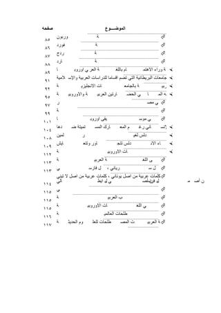 ‫ﺻﻔﺣﺔ‬                                             ‫اﻟﻣوﺿــــوع‬
                               ‫.............................................................................‬
       ‫ورﺑون‬                              ‫ﺔ‬                                                              ‫‪‬‬             ‫اﻟﺳ‬                          ‫ة ﺟﺎﻣﻌ‬
‫٥٨‬                      ‫............................................................................‬
       ‫ﻔورد‬                            ‫ﺔ‬                                                                 ‫‪‬‬             ‫اﻛﺳ‬                           ‫ﺟﺎﻣﻌ‬
‫٦٨‬                      ‫............................................................................‬
       ‫ردج‬                            ‫ﺔ‬                                                                  ‫‪‬‬                 ‫ﻛﻣﺑ‬                        ‫ﺟﺎﻣﻌ‬
‫٧٨‬                    ‫..............................................................................‬
       ‫ﺎرد‬                            ‫ﺔ‬                                                                  ‫‪‬‬             ‫ھﺎرﻓ‬                           ‫ﺟﺎﻣﻌ‬
‫٨٨‬                     ‫.............................................................................‬
       ‫ﺎ‬          ‫ﺔ اﻟﻌر ﻲ أوروﺑ‬                 ‫ﺔﻓ‬         ‫ﺑﯾﺎم ﺑﺎﻟﻠﻐ‬                 ‫‪ ‬ﺔ وراء اﻻھﺗﻣ‬                      ‫دواﻓﻊ اﻟدﯾﻧﯾ‬                  ‫اﻟ‬
‫٩٨‬                                                                 ‫..........................................‬
       ‫‪‬اﻟﺟﺎﻣﻌﺎت اﻟﺑرﯾطﺎﻧﯾﺔ اﻟﺗﻲ ﺗﺿم أﻗﺳﺎﻣﺎ ﻟﻠدراﺳﺎت اﻟﻌرﺑﯾﺔ واﻹﺳ ﻼﻣﯾﺔ‬
‫١٩‬                                                                                     ‫......................‬
       ‫ﺔ‬                 ‫ﺎت اﻻﻧﺟﻠﯾزﯾ‬                                ‫ﺔ ﺑﺎﻟﺟﺎﻣﻌ‬                            ‫ﺎت اﻟﻌرﺑﯾ‬
                                                                                                             ‫‪‬‬                             ‫رى ﻟﻠدراﺳ‬
‫٢٩‬                                                                   ‫........................................‬
       ‫ﺔ‬       ‫ﺔ واﻷوروﺑﯾ‬                 ‫ﺎرﺗﯾن اﻟﻌرﺑﯾ‬                ‫ﻲ اﻟﺣﺿ‬               ‫ﺛورات ‪ ‬ﺎﺑﮫ ﻌﺑﯾﺔ ﻓ ﺄ‬
                                                                                                  ‫ﺗﺷ اﻟﺷ اﻟﻣ‬
‫٥٩‬                                                                         ‫..................................‬
       ‫ر‬                                                                                   ‫‪ ‬ﻲ ﻣﺻ‬
‫٧٩‬                   ‫...............................................................................‬
       ‫ﺔ‬                                                                                                 ‫ﺄﺛورات اﻷدﺑﯾ ‪‬‬
‫٩٩‬                        ‫..........................................................................‬
       ‫ﺎ‬                          ‫ﯾﻘﻰ أوروﺑ‬                                        ‫ﻲ ﻣوﺳ‬                 ‫‪‬‬                 ‫رب ﻓ‬
‫١٠١‬                                            ‫......................................................‬
       ‫دھﺎ‬       ‫ﺗﻣﯾﺗﺔ ﺿ‬              ‫ﺎرك اﻟﻣﺳ‬                  ‫م اﻟﻣﻌ‬             ‫ﺎﻧﻲ رﻏ‬                ‫‪ ‬اﻹﻧﺳ‬
                                                                                                              ‫راث‬                ‫ﺔ اﻟﺗ‬       ‫ﺔ ﻟﻐ‬             ‫ﺑﯾ‬
‫٤٠١‬                                                                      ‫.....................................‬
       ‫ﻠﻣﯾن‬               ‫ر‬                              ‫اﻟﻣﺳ‬                ‫دﻟس ﻟﻐﯾ‬                             ‫‪‬‬                       ‫ﺔ ﺑﺎﻷﻧ‬
‫٨٠١‬                                               ‫...........................................................‬
       ‫ﺎﯾش‬                 ‫ﺎور وﺗﺗﻌ‬                          ‫دﻟس ﺗﺗﺟ‬                          ‫ﺎء اﻷﻧ‬             ‫‪‬‬        ‫ن أﺑﻧ‬                   ‫دة ﻣ‬
‫٩٠١‬                                                                ‫..........................................‬
       ‫ﺔ‬                                            ‫ﺎت اﻷوروﺑﯾ‬                                                   ‫رق اﻟﻠﻐ ‪‬‬
‫٢١١‬                                             ‫.............................................................‬
       ‫ﺔ‬                              ‫ﺔ اﻟﻌرﺑﯾ‬                                        ‫ﻰ اﻟﻠﻐ‬             ‫‪‬‬                       ‫ﺔ إﻟ‬
‫٣١١‬                                            ‫......................................................‬
       ‫ﻲ‬                        ‫ل ﻓﺎرﺳ‬              ‫رﯾﺎﻧﻲ ،‬               ‫ﺎت أﺻ‬             ‫‪ ‬لﺳ‬                 ‫ﻛﻠﻣ‬         ‫ﺎت أﺻ‬
‫٣١١‬                                                   ‫...............................................‬
       ‫‪ ‬ﻛﻠﻣﺎت ﻋرﺑﯾﺔ ﻣن أﺻل ﯾوﻧﺎﻧﻲ ، ﻛﻠﻣﺎت ﻋرﺑﯾﺔ ﻣن أﺻل ﻻ ﺗﯾﻧﻲ‬
       ‫ﺎﻟﻲ‬                 ‫ﻲ ل اﯾط‬
                               ‫،‬                   ‫ل ن أﺻ‬
                                                     ‫، ﻓرﻧﺳ‬                                                                      ‫ن أﺻ ﻣ‬
‫٤١١‬                             ‫....................................................................‬
       ‫ﻲ‬                                                                                                 ‫‪‬‬                       ‫ن ﺗرﻛ‬
‫٥١١‬              ‫....................................................................................‬
       ‫ﺔ‬                                            ‫ب اﻟﻌرﺑﯾ‬                                             ‫‪‬‬        ‫ﻰ اﻟﻛﺗ‬
‫٥١١‬                                        ‫...........................................................‬
       ‫ﺔ‬                       ‫ﺎت اﻷوروﺑﯾ‬                                       ‫ﻲ اﻟﻠﻐ‬                   ‫‪‬‬           ‫ﺔﻓ‬                           ‫ت اﻟﻌرﺑﯾ‬
‫٥١١‬                                                   ‫................................................‬
       ‫ﺔ‬                                        ‫طﻠﺣﺎت اﻟﻌﺎﻟﻣﯾ‬                                            ‫‪‬‬        ‫ﺔ ﻟﻠﻣﺻ‬
‫٦١١‬                                            ‫......................................................‬
       ‫ﺔ‬       ‫وم اﻟﺣدﯾﺛ‬            ‫طﻠﺣﺎت ﻟﻠﻌﻠ‬                  ‫ت اﻟﻣﺻ‬                 ‫ﺔ ﻻﺷ ‪ ‬ﺔﺗﻘﺎق وﻧﺣ‬
                                                                                         ‫اﻟﻌرﺑﯾ‬     ‫ﻗﺎﺑﻠﯾ‬
‫٧١١‬                                                                    ‫..............................‬




                                              ‫٥٩١‬
 