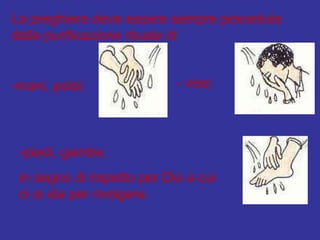 La preghiera deve essere sempre preceduta dalla purificazione rituale di mani, polsi; - viso;  piedi, gambe;  in segno di rispetto per Dio a cui ci si sta per rivolgere. 