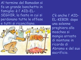 Al termine del Ramadan si fa un grande banchetto in famiglia: è l’ AID-EL-SEGHIR, la festa in cui si perdonano tutte le offese e tutti si riconciliano. C’è anche l’ AID-EL-KEBIR: dopo una solenne preghiera alla moschea si mangia arrosto di montone in ricordo di Abramo e del suo sacrificio. 