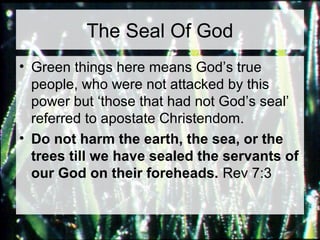 The Seal Of God 
• Green things here means God’s true 
people, who were not attacked by this 
power but ‘those that had not God’s seal’ 
referred to apostate Christendom. 
• Do not harm the earth, the sea, or the 
trees till we have sealed the servants of 
our God on their foreheads. Rev 7:3 
 