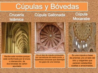 Recibe este nombre porque
está conformada por el cruce,
o intersección, de
dos bóvedas de cañón
apuntado
Es un tipo de cúpula compuesta
por nervaduras de medio punto, y
superficies cóncavas que asemejan
los gajos de una naranja.
Es una cúpula a base
de prismas uno al lado del
otro y colgantes que
parecen estalactitas
sueltas o arracimadas.
 