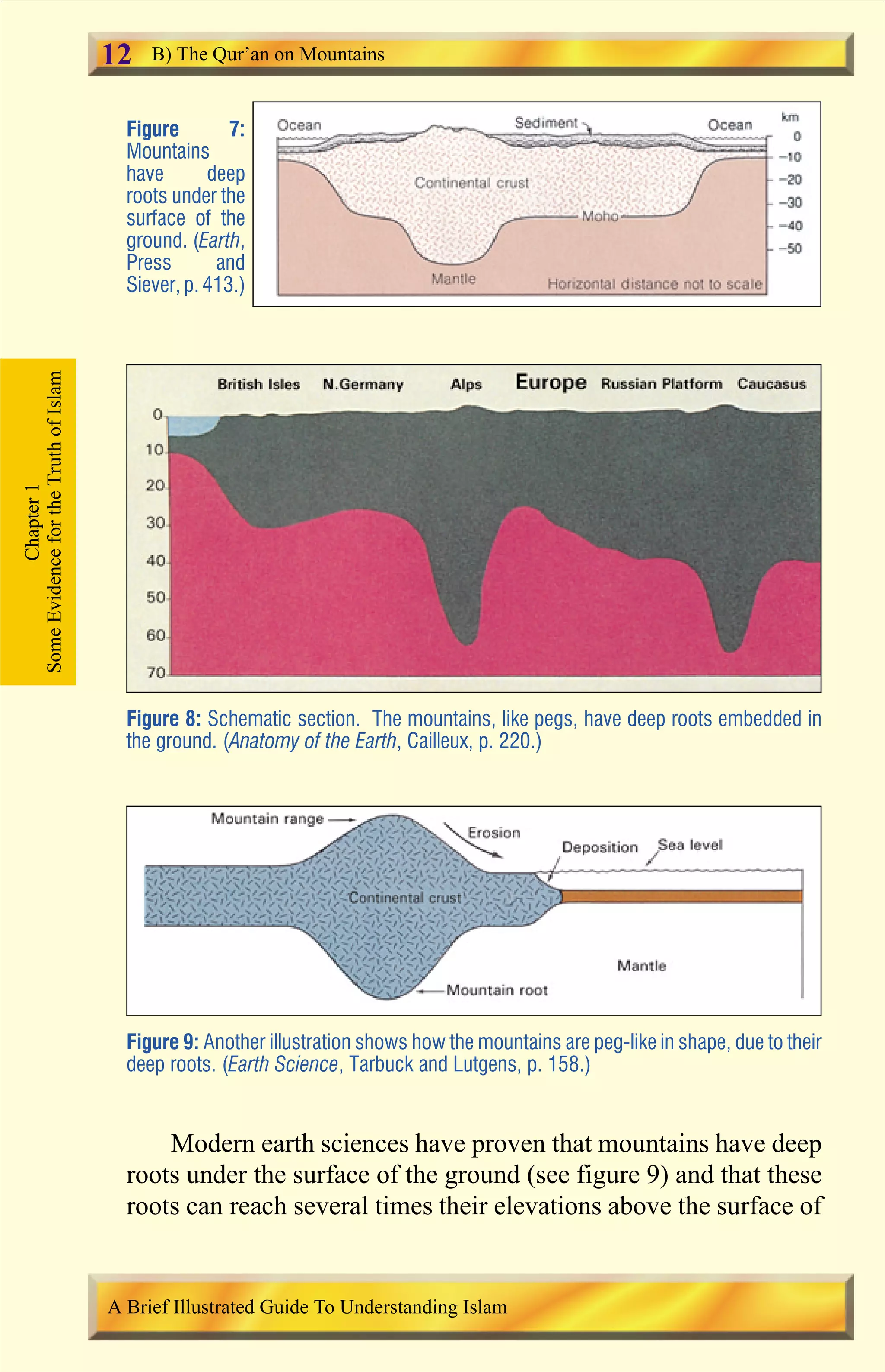 Modern earth sciences have proven that mountains have deep
roots under the surface of the ground (see figure 9) and that these
roots can reach several times their elevations above the surface of
Figure 8: Schematic section. The mountains, like pegs, have deep roots embedded in
the ground. (Anatomy of the Earth, Cailleux, p. 220.)
Figure 9: Another illustration shows how the mountains are peg-like in shape, due to their
deep roots. (Earth Science, Tarbuck and Lutgens, p. 158.)
Chapter1
SomeEvidencefortheTruthofIslam B) The Qur’an on Mountains
A Brief Illustrated Guide To Understanding Islam
Figure 7:
Mountains
have deep
roots under the
surface of the
ground. (Earth,
Press and
Siever, p.413.)
12
Contents
 