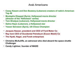Arab Americans Casey Kasem and Don Bustany (Lebanon) creators of radio's American  Top 40 Mustapha Elaqqad (Syria), Hollywood movie director  (director of the ‘Halloween’ series) Tom Shadyac (Lebanon), Hollywood movie director Salma Hayic (Lebanon), a Hollywood star Yasser Seirawan (Syria), US Chess Champion Jacques Nasser, president and CEO of Ford Motor Co Ray Irani CEO of Occidental Petroleum (Exxon Mobil) Co The Hyatt, Hagar, and Farah enterprises Christina McAuliffe, an astronaut who died aboard the space shuttle  Challenger Candy Lightner, founder of MADD 