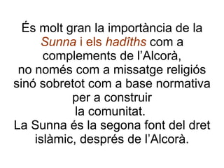 És molt gran la importància de la  Sunna  i els  hadîths  com a complements de l’Alcorà, no només com a missatge religiós sinó sobretot com a base normativa per a construir la comunitat.  La Sunna és la segona font del dret islàmic, després de l’Alcorà. 