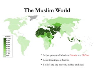 The Muslim World Major groups of Muslims:  Sunnis  and  Shi’ites Most Muslims are Sunnis Shi’ites are the majority in Iraq and Iran 