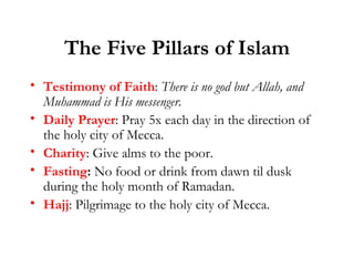The Five Pillars of Islam Testimony of Faith :  There is no god but Allah, and Muhammad is His messenger. Daily Prayer : Pray 5x each day in the direction of the holy city of Mecca. Charity : Give alms to the poor. Fasting :  No food or drink from dawn til dusk during the holy month of Ramadan. Hajj : Pilgrimage to the holy city of Mecca. 