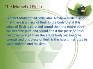 The Morsel of Flesh
Prophet Muhammad Sallallahu `Alayhi-wasallam said
that there is a piece of flesh in the body that if this
piece of flesh is pure and sound then the entire body
will become pure and sound and if this piece of flesh
becomes corrupt then the entire body will become
corrupt and this piece of flesh is the heart. (narrated in
Sahih Bukhari and Muslim).
 