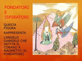 FONDATORI
E
ISPIRATORI
QUESTA
FIGURA
RAPPRESENTA
L’ANGELO
GABRIELE CHE
DETTTA IL
CORANO A
MAOMETTO (IL
FONDATORE)
 