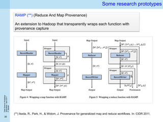 DataScienceWorkshop
Islamabad,April2017
P.Missier
35
Some research prototypes
RAMP (**) (Reduce And Map Provenance)
An extension to Hadoop that transparently wraps each function with
provenance capture
(**) Ikeda, R., Park, H., & Widom, J. Provenance for generalized map and reduce workflows. In: CIDR 2011.
 