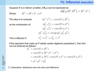 DataScienceWorkshop
Islamabad,April2017
P.Missier
53
P2: Differential execution
Suppose D is a relation (a table). diffD() can be expressed as:
Where:
The idea is to compute:
as the combination of:
This is effective if:
If the operators that make up P satisfy certain algebraic properties(*), then this
can be achieved as follows:
(*) Associative, distributive over set union and difference
 