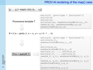 DataScienceWorkshop
Islamabad,April2017
P.Missier
63
PROV-N rendering of the map() case
[y1 … yn] = map(λ x.f(x), [x1 … xn])
Provenance template T
entity(f, [prov:type = ‘prov:plan'])
entity(:x)
entity(:y)
activity(:a), wasAssociatedWith(:a,_,f)
used(:a,:x), wasGeneratedBy(:y,:a)
wasDerivedFrom(:y,:x)
B = {<:a ← gen(a, i), :x ← xi, :y ← yi > |i : 1 . . . n}
entity(f, [prov:type = ‘prov:plan'])
activity(a_1),
wasAssociatedWith(a_1,_,f)
…
activity(a_n),
wasAssociatedWith(a_n,_,f)
entity(x_1), ..., entity(x_n)
entity(y_1), ... ,entity(y_n)
used(a_1, x_1), wasGeneratedBy(y_1, a_1)
…
used(a_n, x_n), wasGeneratedBy(y_n, a_n)
wasDerivedFrom(y_1,x_1)
…
wasDerivedFrom(y_n,x_n)
Prov = apply(B,T)
 