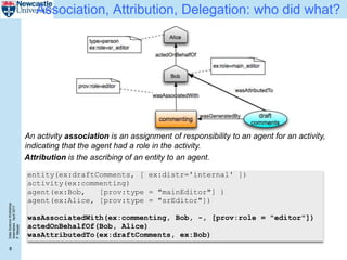 DataScienceWorkshop
Islamabad,April2017
P.Missier
8
Association, Attribution, Delegation: who did what?
An activity association is an assignment of responsibility to an agent for an activity,
indicating that the agent had a role in the activity.
Attribution is the ascribing of an entity to an agent.
entity(ex:draftComments, [ ex:distr='internal' ])
activity(ex:commenting)
agent(ex:Bob, [prov:type = "mainEditor"] )
agent(ex:Alice, [prov:type = "srEditor"])
wasAssociatedWith(ex:commenting, Bob, -, [prov:role = "editor"])
actedOnBehalfOf(Bob, Alice)
wasAttributedTo(ex:draftComments, ex:Bob)
 