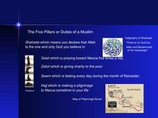 The Five Pillars or Duties of a Muslim     Caligraphy of Shahada Shahada  which means you declare that Allah    “There is no God but Is the one and only God you believe in      Allah and Muhammad    is his messenger” Salat  which is praying toward Mecca five times a day Zakzt  which is giving charity to the poor Sawm  which is fasting every day during the month of Ramadan Prayer   Hajj  which is making a pilgrimage  Positions  to Mecca sometime in your life Map of Pilgrimage Route “ There is no God but 