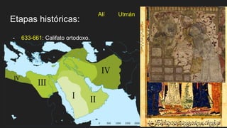 Etapas históricas:
- 633-661: Califato ortodoxo.
Utmán
Alí
 