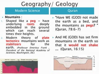 Geography/ GeologyModern ScienceQuranMountains :Shaped like a peg = have underlying roots deeply embedded in the ground which can reach several times their heights.Modern theory of plate tectonics: mountains work as stabilizers for the earth. (Professor Emeritus Frank , President of the National Academy of Sciences, Washington, DC). “Have WE (GOD) not made the earth as a bed, and the mountains aspegs? ” (Quran, 78:6-7)And HE (GOD) has set firm mountains in the earth so that it would not shake...  (Quran, 16:15)