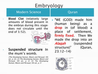 EmbryologyModern ScienceQuranBlood Clot (relatively large amounts of blood present in the embryo during this stage, does not circulate until the end of 3/52).