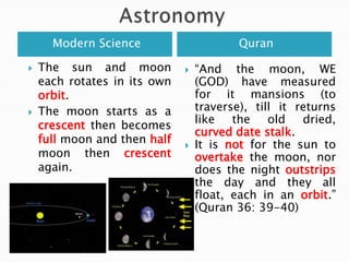 AstronomyModern ScienceQuranThe sun and moon each rotates in its own orbit.The moon starts as a crescent then becomes full moon and then half moon then crescent again.“And the moon, WE (GOD) have measured for it mansions (to traverse), till it returns like the old dried,  curved date stalk.It is not for the sun to overtake the moon, nor does the night outstrips the day and they all float, each in an orbit.” (Quran 36: 39-40)
