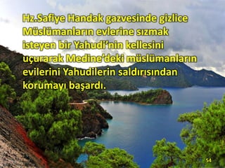 Hz.Safiye Handak gazvesinde gizlice
Müslümanların evlerine sızmak
isteyen bir Yahudi’nin kellesini
uçurarak Medine’deki müslümanların
evilerini Yahudilerin saldırısından
korumayı başardı.
54
 