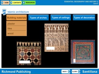 Islamic architecture Building materials plaster tiles wood Types of arches Types of ceilings Types of   decoration 