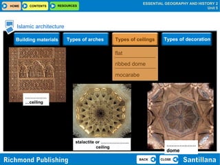Islamic architecture flat ribbed dome mocarabe Types of arches Types of ceilings Building materials ……………… ceiling stalactite or ………………..  ceiling ………………  dome Types of   decoration 