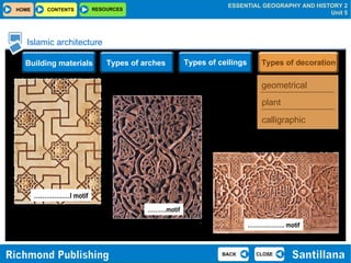 Islamic architecture geometrical plant calligraphic Types of arches Types of ceilings Building materials Types of   decoration ……………… l motif ……… .motif ……………… .. motif 