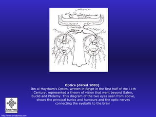 Optics (dated 1083)    Ibn al-Haytham's Optics, written in Eqypt in the first half of the 11th Century, represented a theory of vision that went beyond Galen, Euclid and Ptolemy. This diagram of the two eyes seen from above, shows the principal tunics and humours and the optic nerves connecting the eyeballs to the brain  