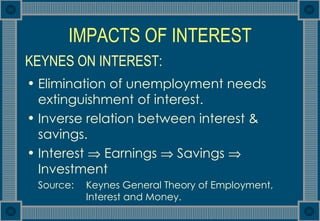 IMPACTS OF INTEREST <ul><li>Elimination of unemployment needs extinguishment of interest. </li></ul><ul><li>Inverse relati...