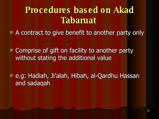 Procedures based on Akad Tabaruat  A contract to give benefit to another party only Comprise of gift on facility to another party without stating the additional value e.g: Hadiah, Ji’alah, Hibah, al-Qardhu Hassan and sadaqah 