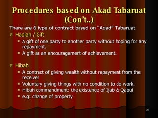 Procedures based on Akad Tabaruat (Con’t..) There are 6 type of contract based on “Aqad” Tabaruat Hadiah / Gift A  gift of one party to another party without hoping for any repayment.  A gift as an encouragement of achievement. Hibah A contract of giving wealth without repayment from the receiver Voluntary giving things with no condition to do work.  Hibah commandment: the existence of Ijab & Qabul e.g: change of property 