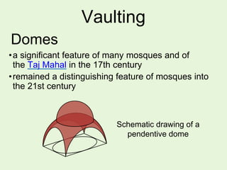 Vaulting
•a significant feature of many mosques and of
the Taj Mahal in the 17th century
•remained a distinguishing feature of mosques into
the 21st century
Domes
Schematic drawing of a
pendentive dome
 