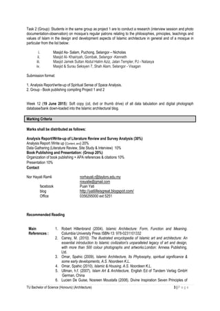 TU Bachelor of Science (Honours) (Architecture) 3 | P a g e
Task 2 (Group): Students in the same group as project 1 are to conduct a research (interview session and photo
documentation-observation) on mosque’s regular patrons relating to the philosophies, principles, teachings and
values of Islam in the design and development aspects of Islamic architecture in general and of a mosque in
particular from the list below:
i. Masjid As- Salam, Puchong, Selangor – Nicholas
ii. Masjid Al- Khairiyah, Gombak, Selangor -Kenneth
iii. Masjid Jamek Sultan Abdul Halim Aziz, Jalan Templer, PJ - Natasya
iv. Masjid & Surau Seksyen 7, Shah Alam, Selangor - Visagan
Submission format:
1. Analysis Report/write-up of Spiritual Sense of Space Analysis.
2. Group - Book publishing compiling Project 1 and 2
Week 12 (19 June 2015): Soft copy (cd, dvd or thumb drive) of all data tabulation and digital photograph
database/bank down-loaded into the Islamic architectural blog.
Marking Criteria
Marks shall be distributed as follows:
Analysis Report/Write-up of Literature Review and Survey Analysis (30%)
Analysis Report /Write up (Content, and) 20%
Data Gathering (Literature Review, Site Study & Interview) 10%
Book Publishing and Presentation: (Group 20%)
Organization of book publishing + APA references & citations 10%
Presentation 10%
Contact
Nor Hayati Ramli norhayati.r@taylors.edu.my
rosyatie@gmail.com
facebook Puan Yati
blog http://yatilifeisgreat.blogspot.com/
Office 0356295000 ext 5251
Recommended Reading
Main
References :
1. Robert Hillenbrand (2004). Islamic Architecture: Form, Function and Meaning.
Columbia University Press ISBN-13: 978-0231101332
2. Carrey, M. (2010). The illustrated encyclopedia of Islamic art and architecture: An
essential introduction to Islamic civilization's unparalleled legacy of art and design,
with more than 500 colour photographs and artworks.London: Anness Publishing,
Ltd.
3. Omar, Spahic (2009). Islamic Architecture, Its Phylosophy, spiritual significance &
some early developments, A.S. Noordeen K.L.
4. Omar, Spahic (2010). Islamic & Housing, A.S. Noordeen K.L.
5. Ullman, h.f. (2007), Islam Art & Architecture, English Ed of Tandem Verlag GmbH
German, China
6. Lucien De Guise, Nosreen Moustafa (2008). Divine Inspiration Seven Principles of
 