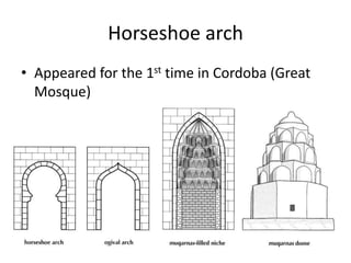 Horseshoe arch 
• Appeared for the 1st time in Cordoba (Great 
Mosque) 
 